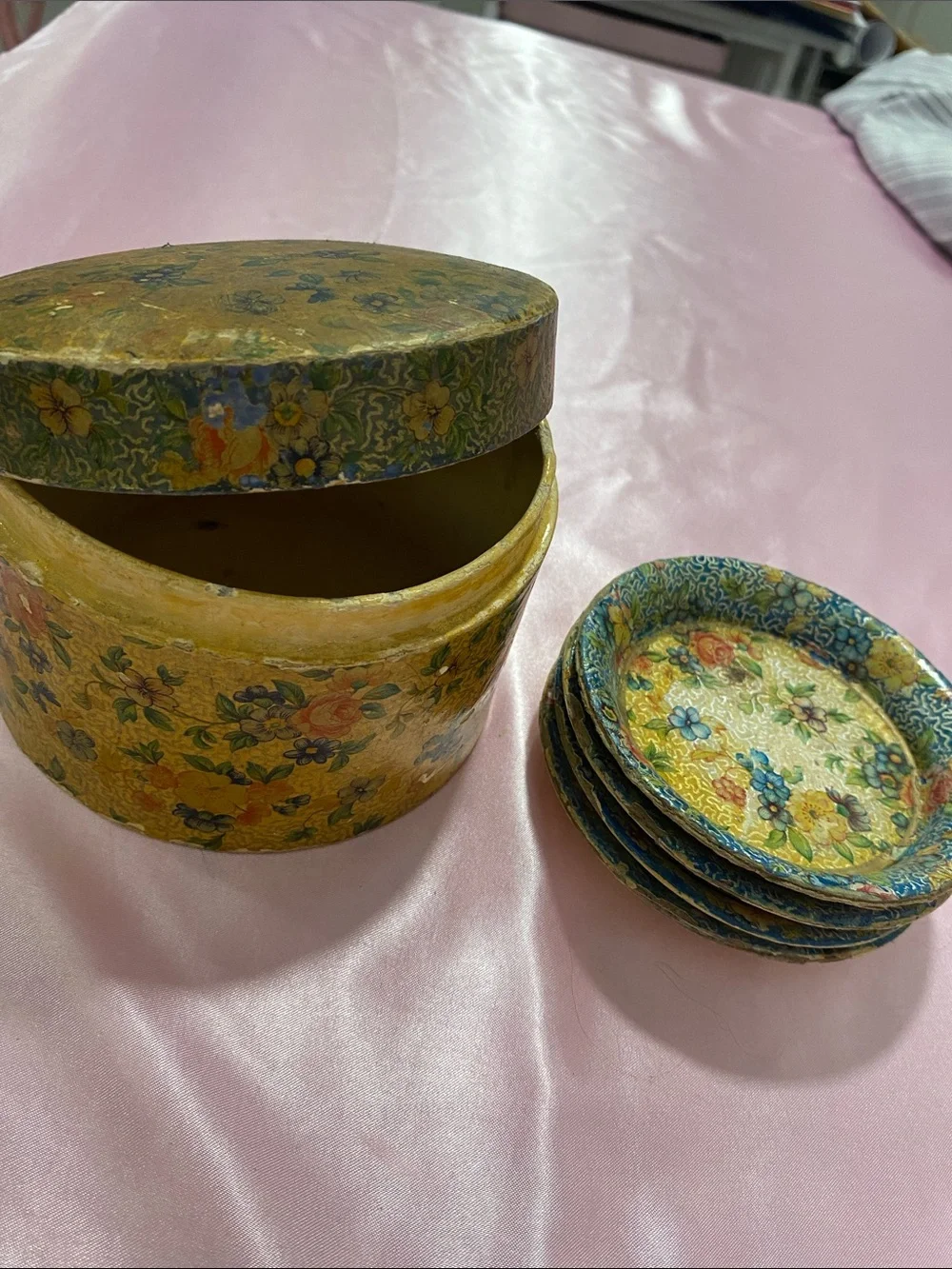 Hand-Painted Floral Round Box with Matching Coasters - Yellow Multicolor